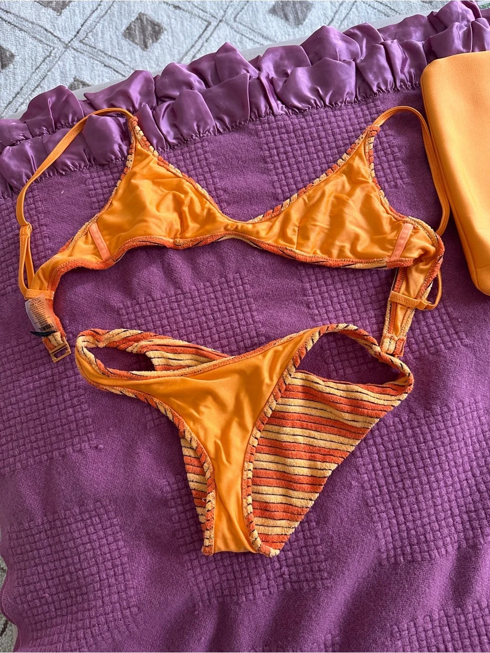 triangl swimwear Orange Striped Bikini Set Size M with Neoprene Pouch